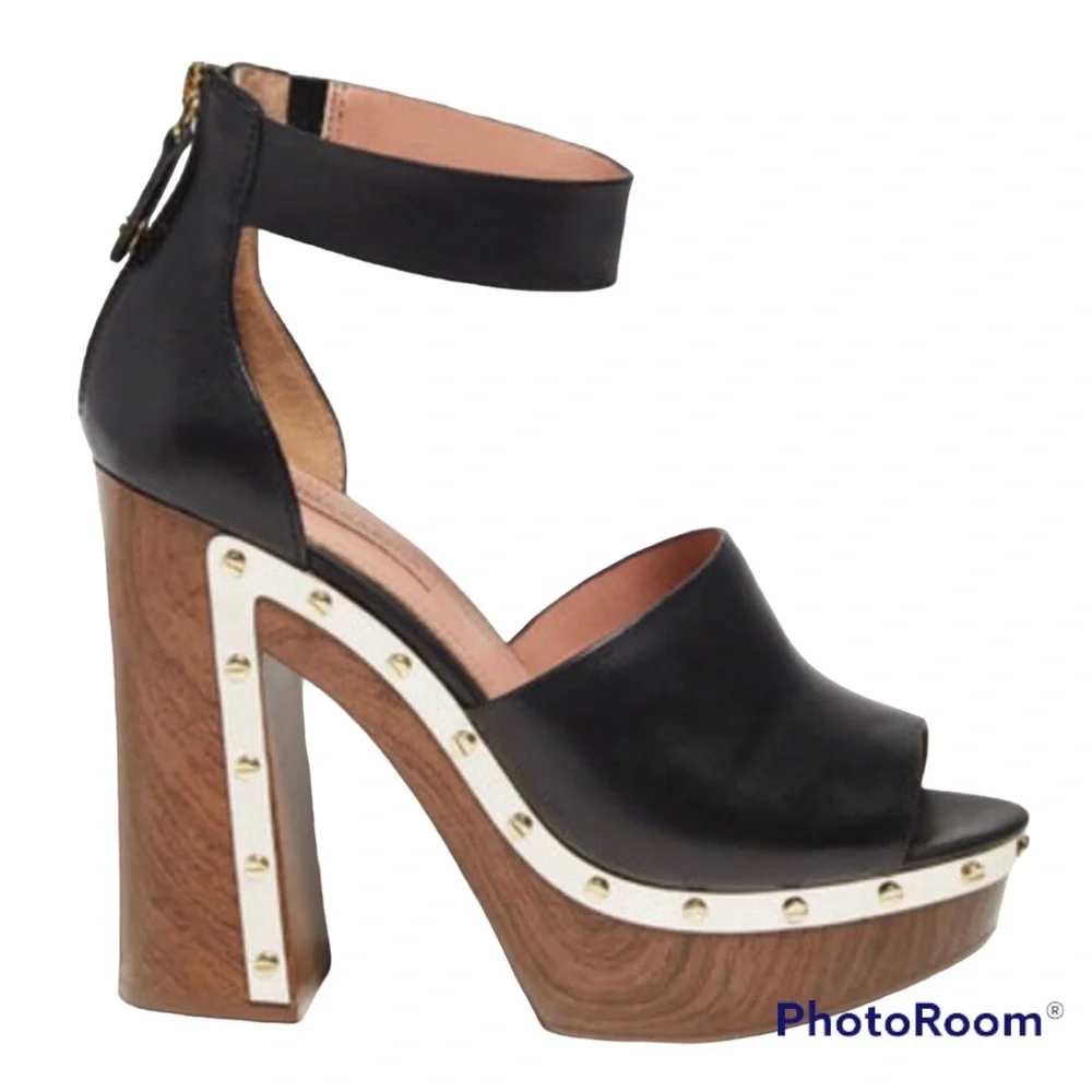 BCBGMaxAzria Black Leather Wood Platform Sandals with White Trim
